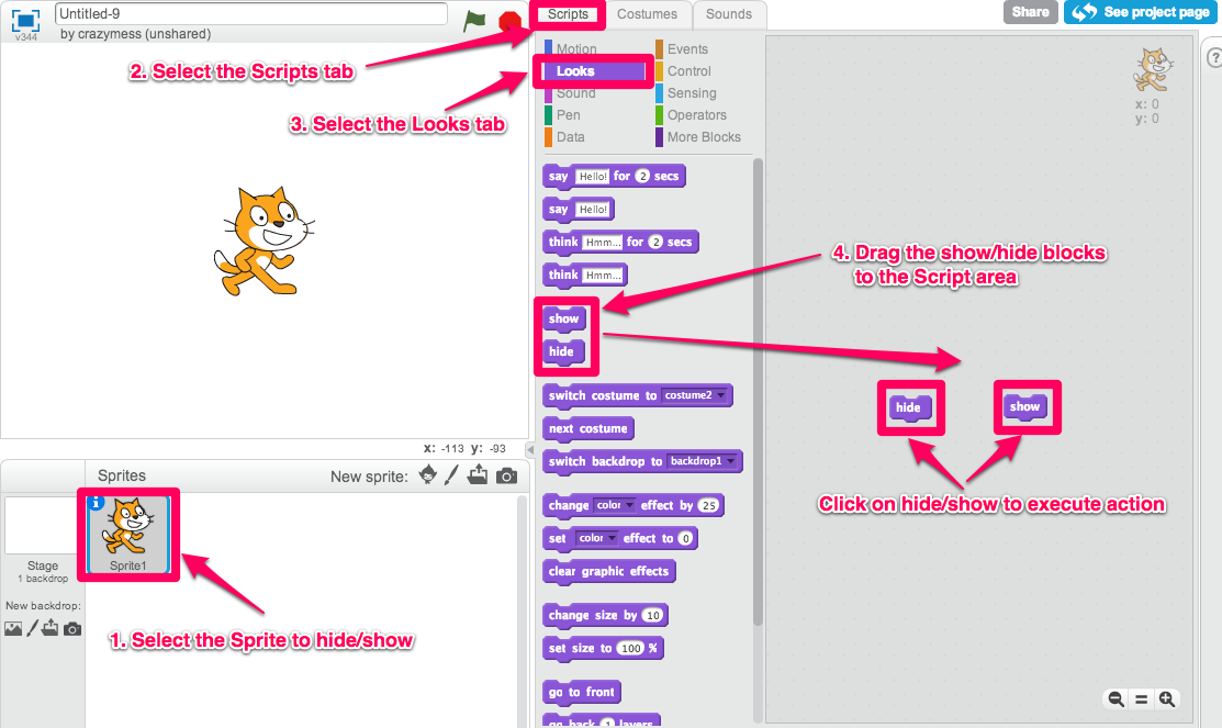 How do we hide and show sprites in Scratch?